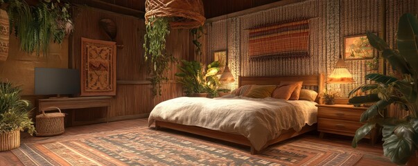 Natural-themed bedroom with earthy tones woven textures and a cozy relaxed vibe