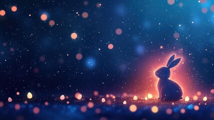 Obraz premium A glowing rabbit silhouette surrounded by magical lights in a dreamy setting