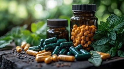 Herbal Supplements in Glass Jars Surrounded by Fresh Mint Leaves