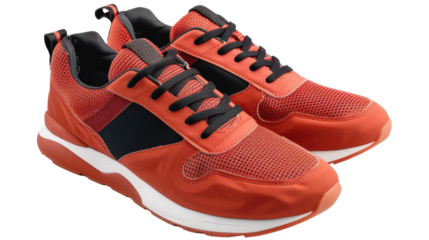 Pair of modern orange sneakers with black laces isolated on transparent background