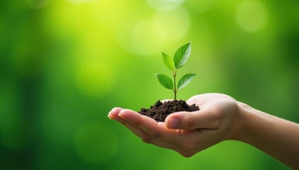 Hand Holding Sprout with Green Background. Great for use in environmental campaigns.