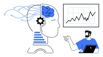 Human pointing at graph on screen, AI head with technological lines and gears. Ideal for AI, data analysis, collaboration, technology, innovation, machine learning business strategy. Blue and white