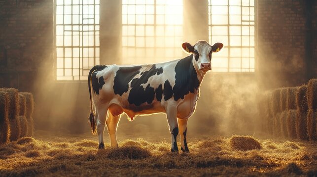 Cow standing in a barn with sunlight streaming through windows