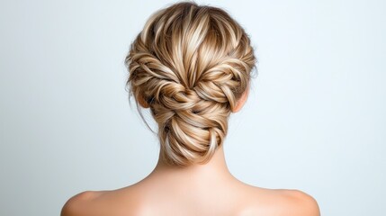 Blonde woman's braided updo hairstyle, back view, studio shot