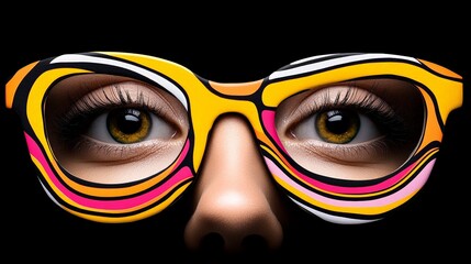 Eyes Behind the Frames: A close-up view of mesmerizing hazel eyes peering out from behind vibrant, geometrically patterned eyeglasses.