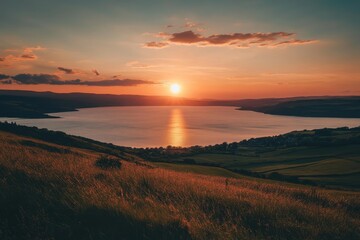 Fototapeta premium Sunset over lake, hilltop view, rural landscape, travel poster