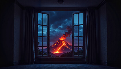 Volcanic eruption seen through window