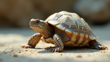Obraz premium A small tortoise, meticulously detailed, slowly makes its way across sun-drenched sand, its shell showcasing intricate patterns in the warm sunlight.