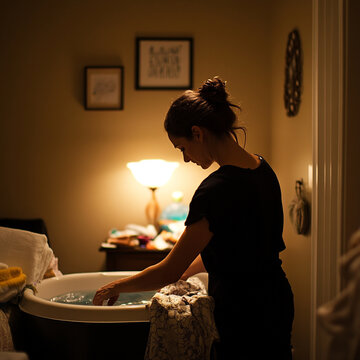 A doula preparing a birthing tub in a softly lit room