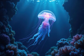 Obraz premium Mesmerizing bioluminescent jellyfish gracefully floats amidst vibrant underwater coral reefs, bathed in ethereal sunlight