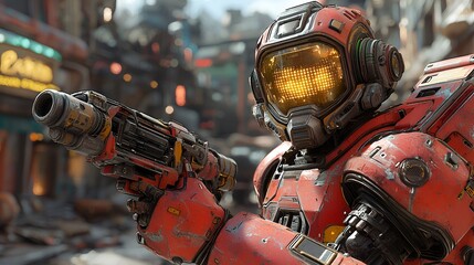 Red robot soldier, futuristic city, weapon, action, dystopian background, video game concept art