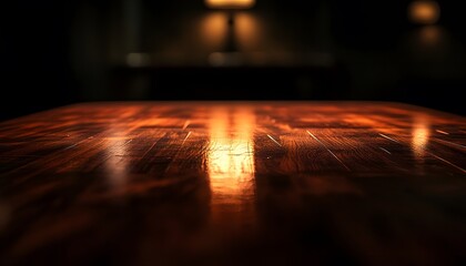 Warm Light Illuminates Dark Wooden Table Surface