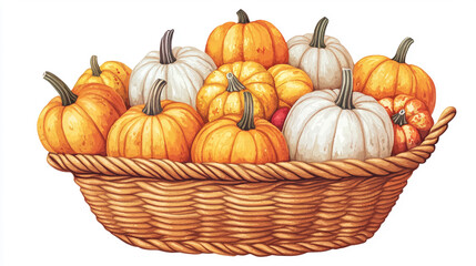 Autumn harvest a wicker basket overflowing with various sizes and colors of pumpkins.