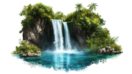 Tropical waterfall cascading into tranquil pond with transparent background