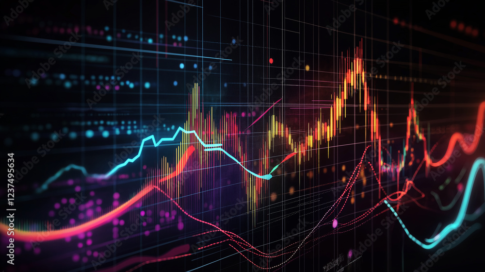 Poster Colorful digital charts showing various financial indicators on computer screen