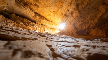 Sunbeam illuminates cave interior from a hole above.