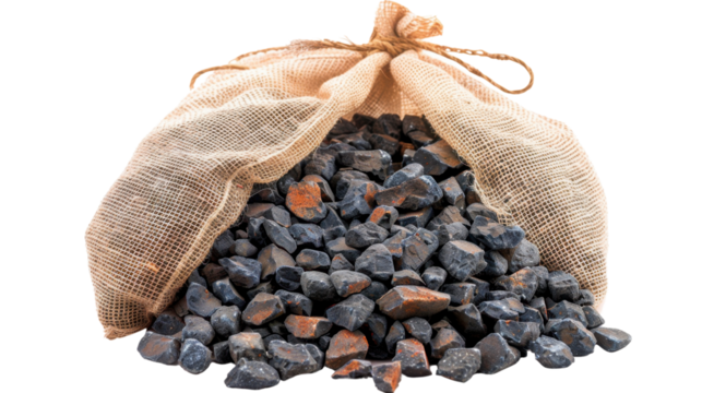 Sack containing hematite iron ore on transparent background