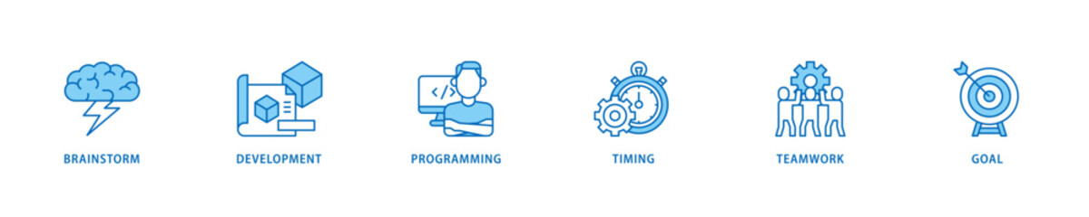 Hackathon icon set flow process which consists of brainstorm, development, programming, timing, speed, teamwork, and goal icon live stroke and easy to edit .