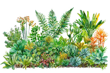 A vibrant assortment of lush, green plants featuring various ferns, succulents, and colorful foliage.