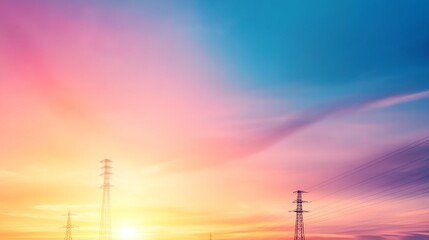 Fototapeta premium A colorful sky with a sunset and a few power lines