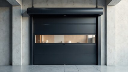 Modern Dark Roll-Up Garage Door in Contemporary Architectural Setting with Interior Glimpse