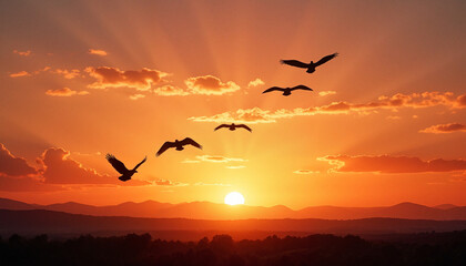 Fototapeta premium Birds flying at sunset over mountains