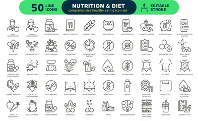 Nutrition and diet icon set. Healthy eating, wellness, weight management outline editable stroke vector illustrations.