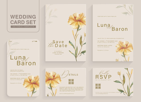 Set of Aesthetic Wedding Invitation Template with Brown Flower Watercolor