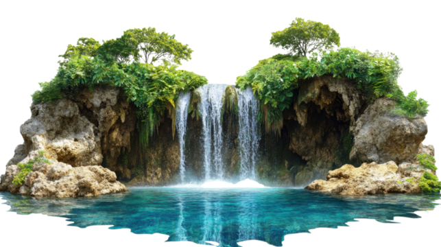 Tropical waterfall cascading into tranquil pond with transparent background