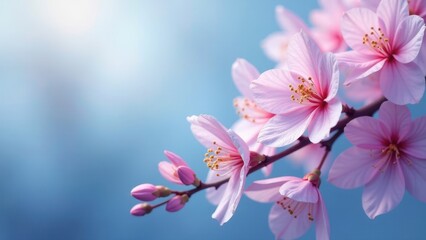 Obraz premium Delicate Pink Blossoms on a Branch Against a Soft Blue Sky, a Symbol of Spring's Gentle Arrival and Renewal
