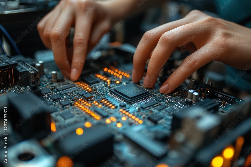 Poster close-up of hands assembling a circuit board with lights