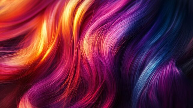 A vibrant, colorful display of flowing hair strands in shades of purple, orange, and blue, showcasing a dynamic interplay of light and color. - Powered by Adobe