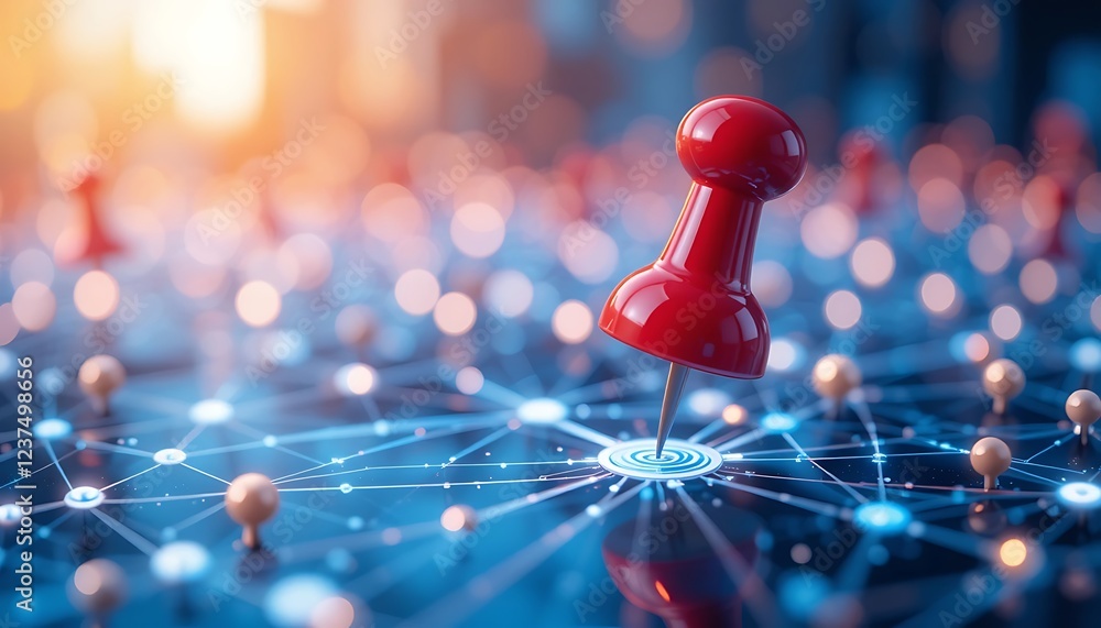 Poster red pushpin centered on a network of connections