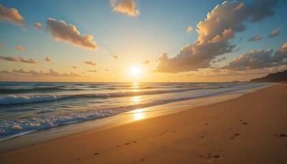 Obraz premium Golden Sunset Over Ocean Beach Waves Sky