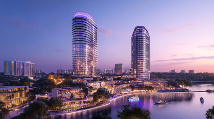 Naklejka premium modern skyscrapers with purple lights at dusk overlooking waterway and boats in urban waterfront city