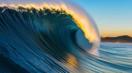 Giant ocean wave breaking at sunset creating a perfect tube for surfing