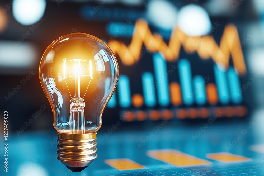 Poster bright idea concept bulb investment concept. illuminated light bulb in front of a colorful data char