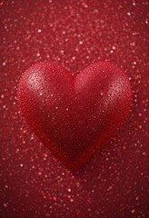 Fototapeta premium Red Heart Covered In Dew Drops Against Red Glitter Background