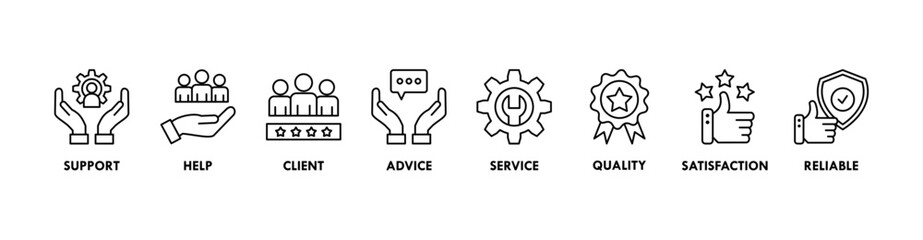 Customer care banner web icon vector illustration concept for customer support and telemarketing service with an icon of help, client, advice, chat, service, reliability, quality, and satisfaction