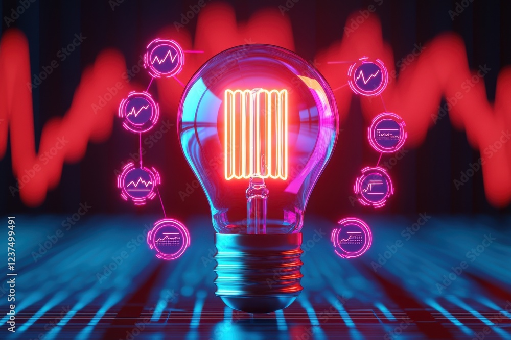 Poster bright idea concept bulb investment concept. illuminated light bulb with digital graphs and icons il