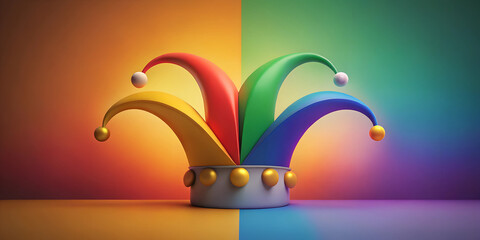 Vibrant jester hat with colorful panels on a split background for April Fool&rsquo;s Day concept
