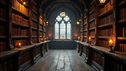Fototapeta premium A dimly lit antique library with aged bookshelves, illuminated by candlelight, features a large gothic window