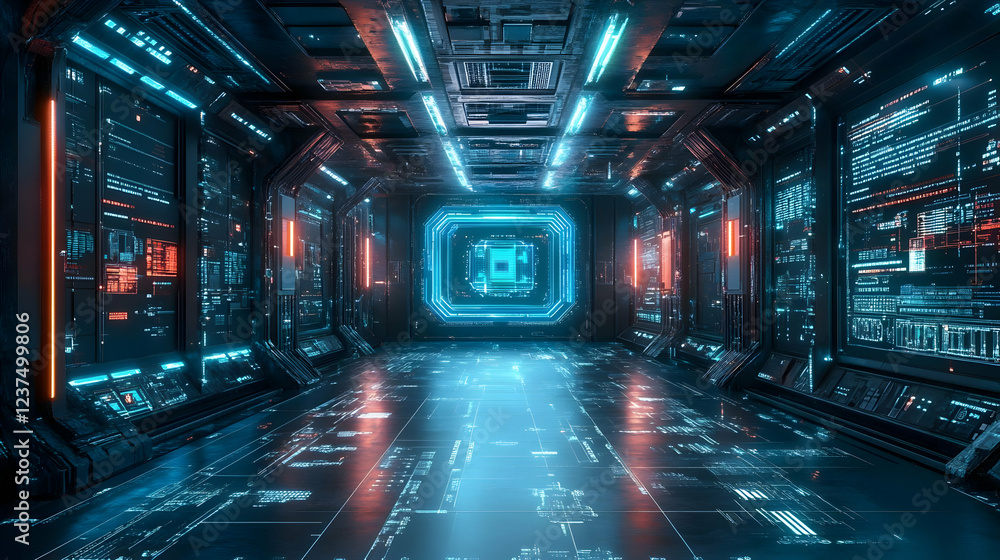 Aufkleber futuristic spaceship corridor; data streams on walls
