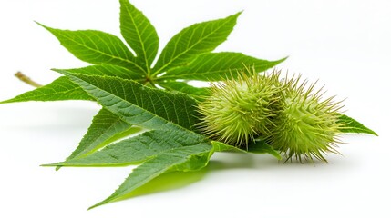 Green spiky fruit and leaf on white background; nature, botany, plant
