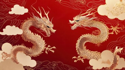 Obraz premium Majestic Golden Dragons in Red Sky with Clouds and Patterns
