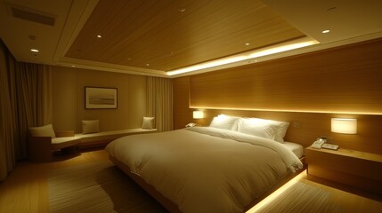 Fototapeta premium Luxurious Hotel Room Interior Design: Warm Lighting and Minimalist Decor