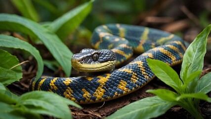 Obraz premium Unique Coloration and Texture of Juvenile Atheris Hispida in Jungle Habitat