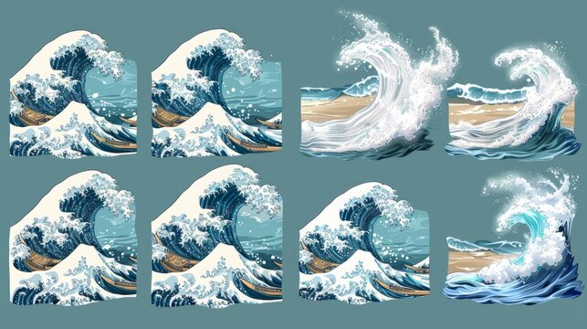 Animated wave animation frames, ocean beach background, game asset
