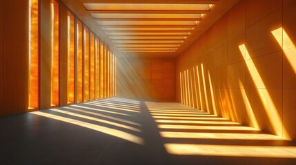 Fototapeta premium Sunlit amber corridor interior, architectural design