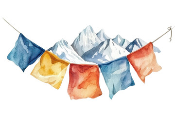 Colorful prayer flags are strung across snowy mountains in a serene watercolor illustration.
